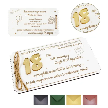 Białe drewniane personalizowane zaproszenie na 18 urodziny z kopertą