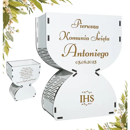 Personalizowany Biały kielich na komunie flowerbox na słodycze kwiaty grawerowany gotowy