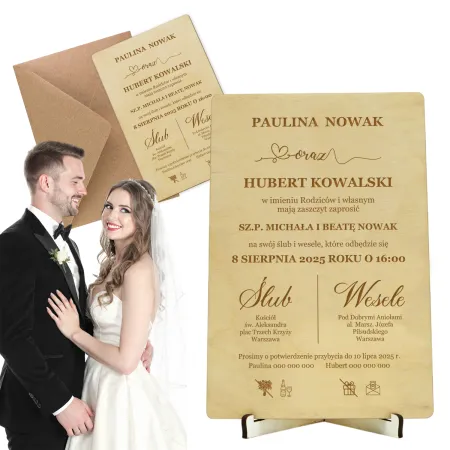 Wyjątkowe zaproszenie na ślub drewniane z nóżkami do postawienia z kopertą