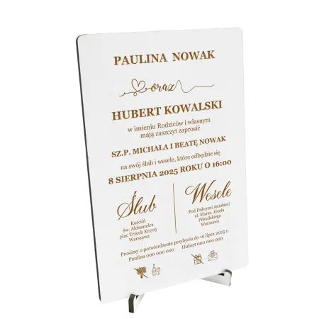 Wyjątkowe zaproszenie na ślub drewniane z nóżkami do postawienia  z kopertą
