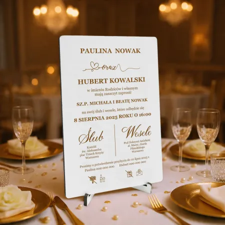 Wyjątkowe zaproszenie na ślub drewniane z nóżkami do postawienia  z kopertą