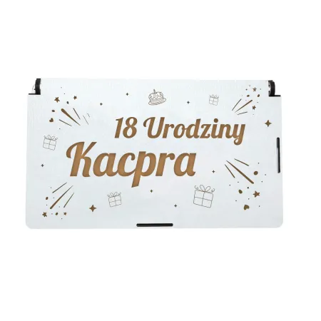 Drewniane Pudełko na pieniądze prezent na urodziny z imieniem solenizanta i dowolnym wiekiem
