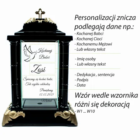 Personalizowany Znicz szklany latarnia czarny z krzyżem i złotymi detalami