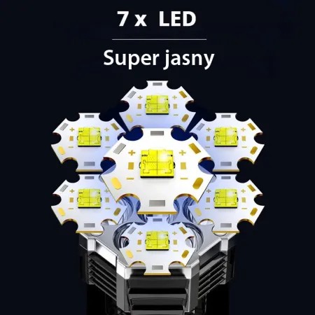 Akumulatorowa Latarka LED o dużej mocy 7 LED kempingowa, wędkarstwo Dzień